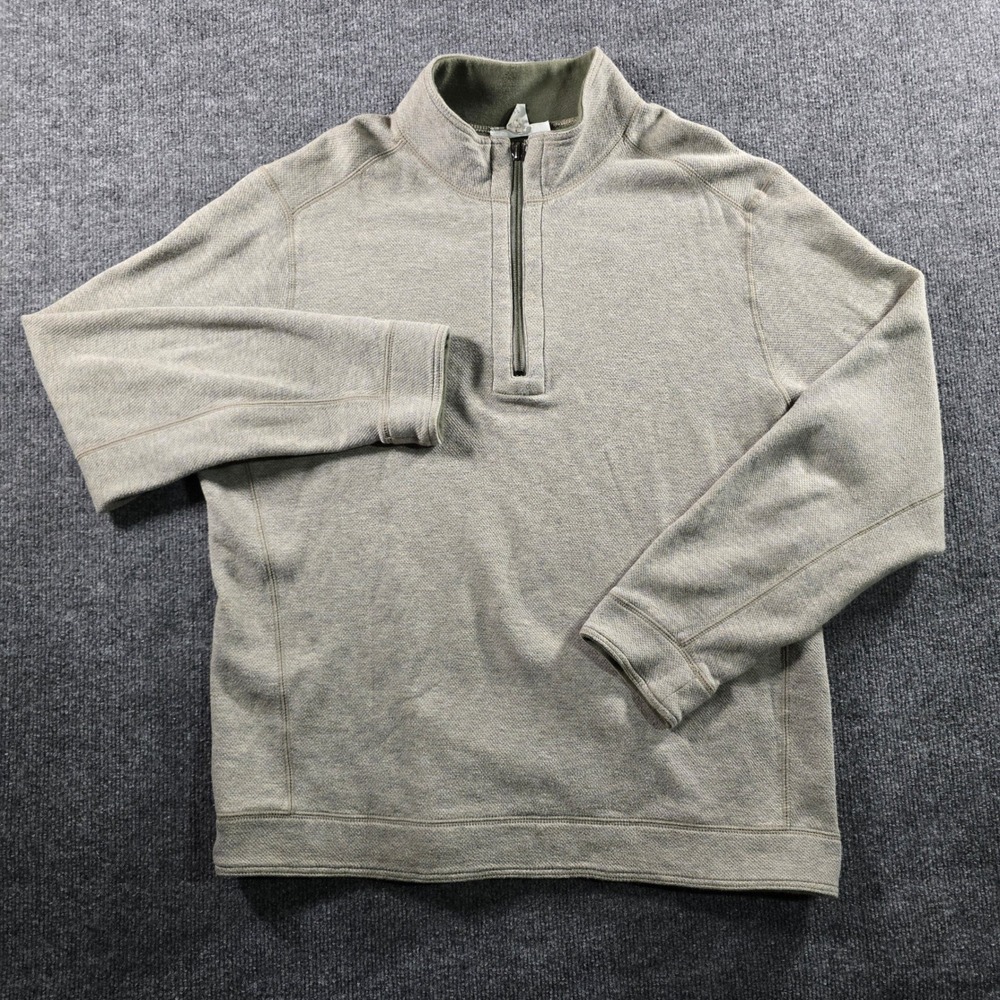 Tommy Bahama Mens Large Reversible Quarter Zip Pullover Beige Olive Green Fleece